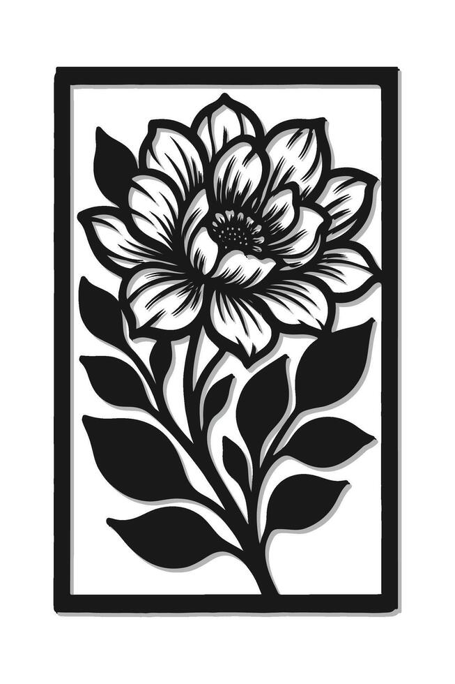 Floral Cutout Wall Art Design Black Silhouette, Flower with Leaves vector