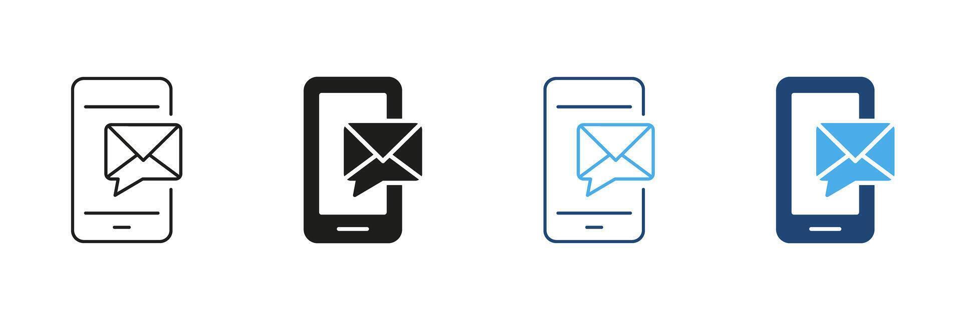 Smartphone With Email Notification Icon Set. Mobile Communication, Messaging, And Email Alert Outline And Silhouette Symbol Collection. Digital Connectivity. Isolated Illustration vector