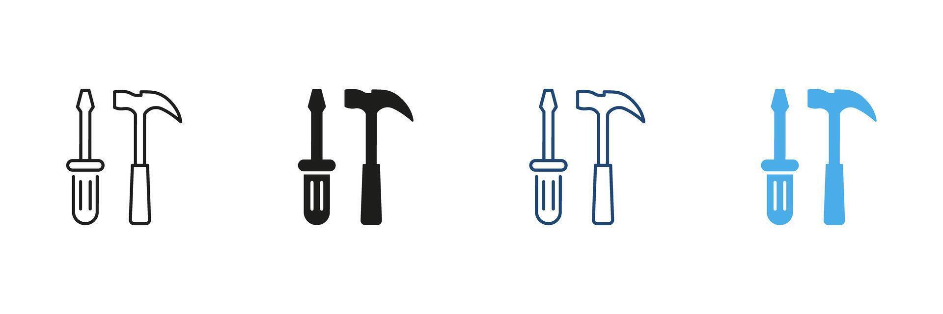 Screwdriver And Hammer Tool Icon Set. Construction, Repair, And Diy Equipment Outline And Solid Symbol Collection. Home Improvement And Maintenance Tools. Isolated Illustration vector