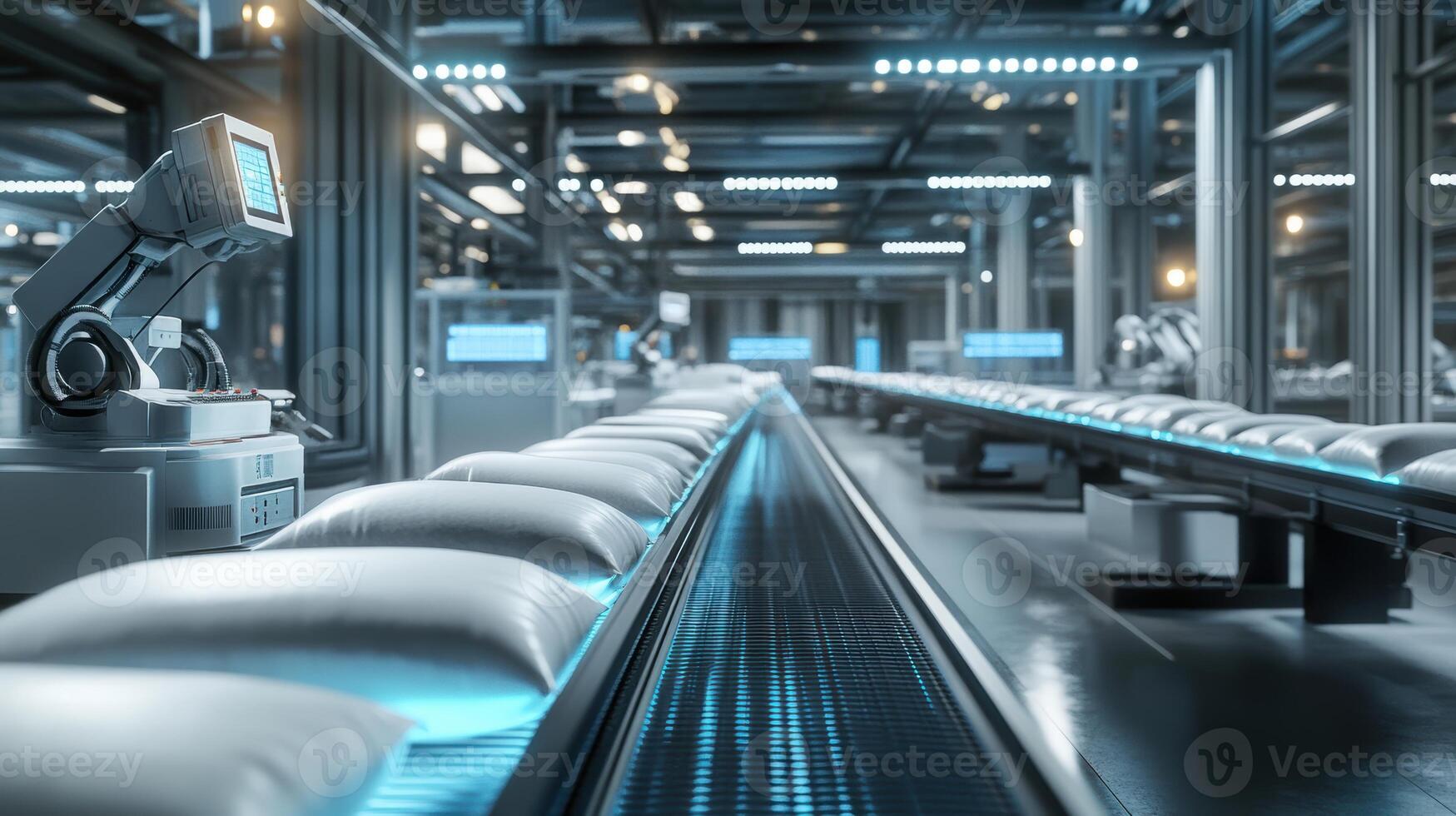 Robotic arm in a modern automated factory assembling products on a high-tech conveyor belt with advanced machinery and blue led lighting photo