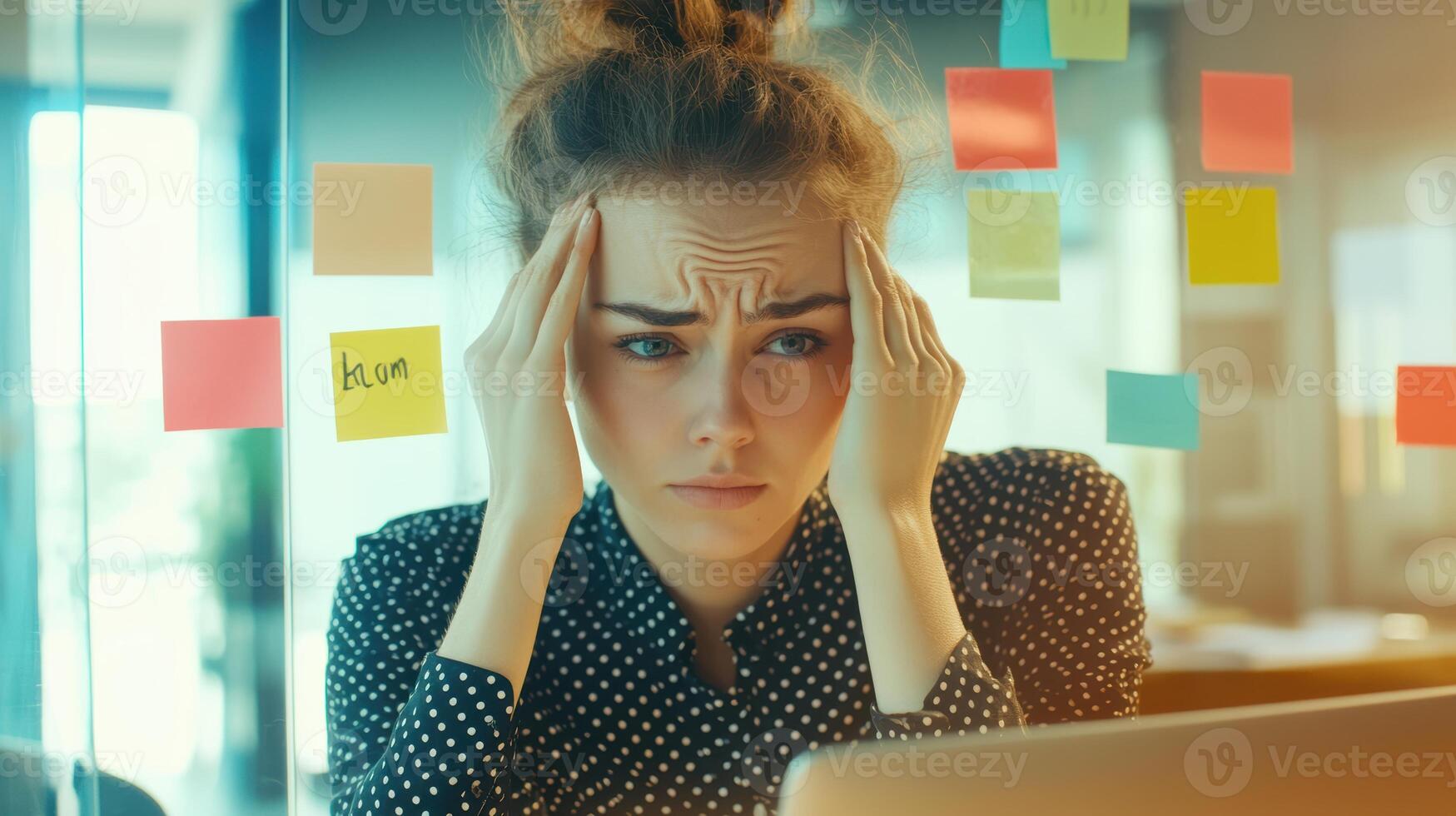 Stressed young caucasian female in office setting with laptop and colorful sticky notes expressing frustration and mental fatigue. Work environment stressful photo