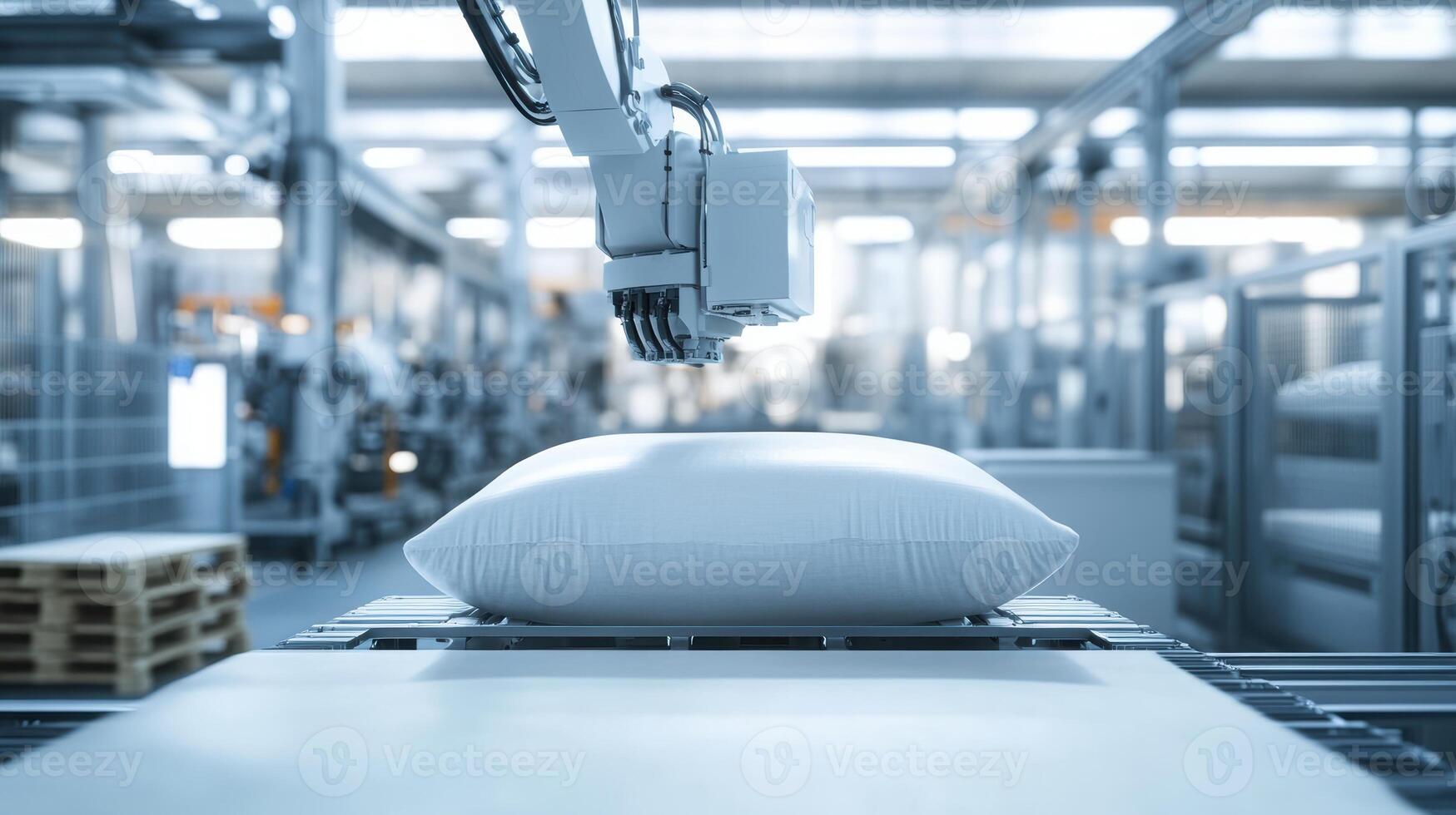 Advanced robotics in modern pillow manufacturing, a robotic arm seamlessly oversees production with precision and efficiency in a factory setting photo