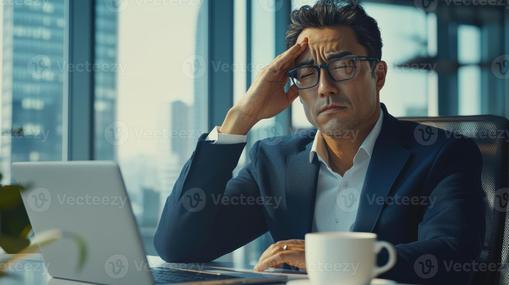 Asian mature male businessman in frustration holding head while working on laptop in modern office with city view and window lighting. Work environment stressful photo