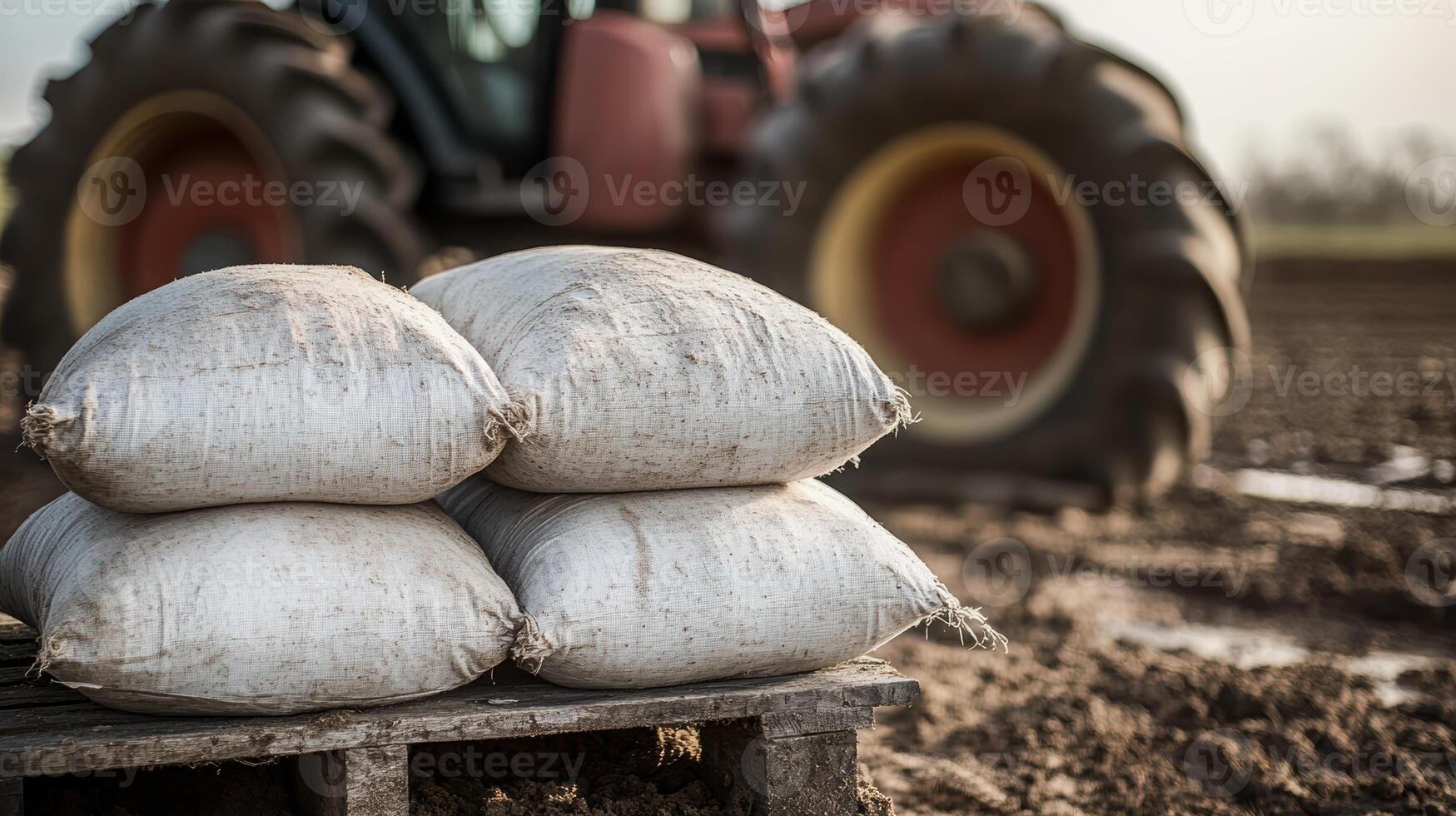 Stacked sandbags on a wooden pallet in a rural field with blurred tractor in background on a sunny day, capturing agricultural activity photo