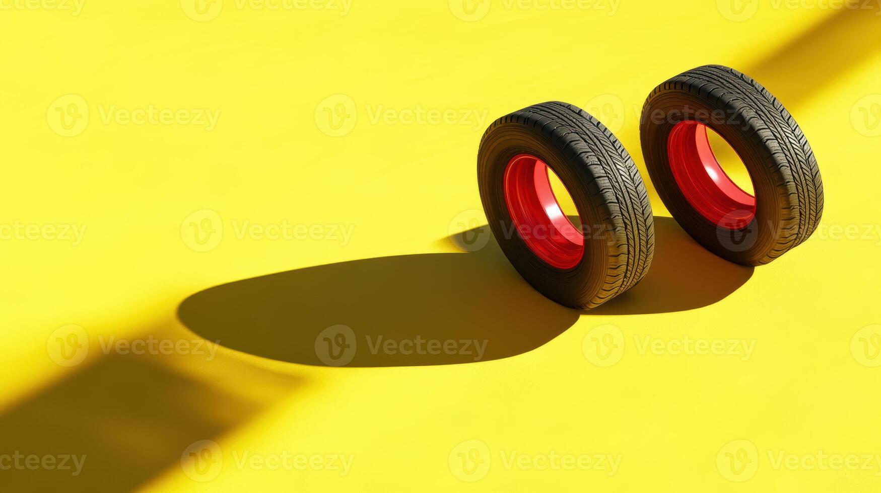 Vibrant contrasting tire composition, red-rimmed black tires casting shadows on bold yellow background creating abstract minimalist scene. Tires with rubber tread on alloy wheels photo