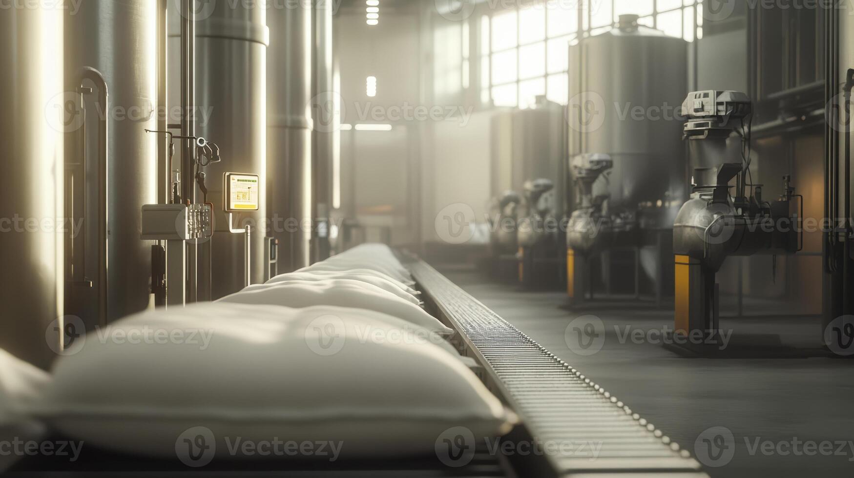 Industrial manufacturing facility with modern conveyor systems in a sunlit environment featuring large pillows and metallic machinery photo