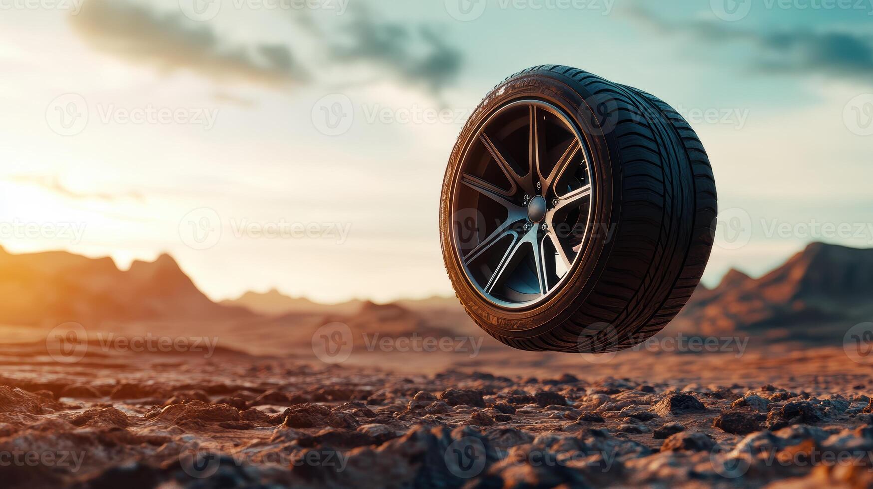 Futuristic car tire on desert terrain at sunset with dramatic sky highlighting shadows and reflections for an automotive adventure theme. Tires with rubber tread on alloy wheels photo