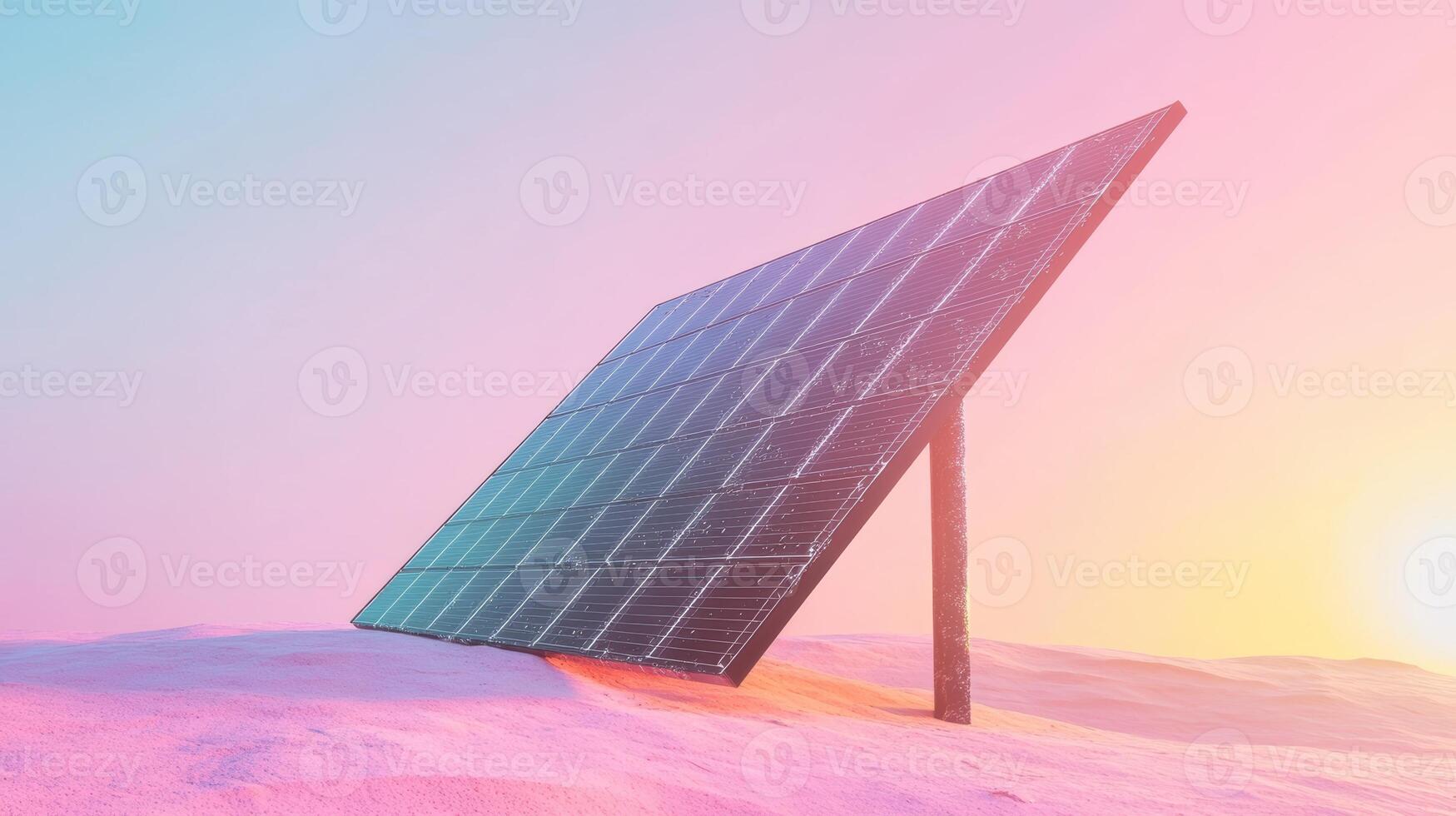 Solar panel in vibrant sunset on snowy landscape reflecting renewable energy and sustainability in a dreamy natural setting. Dirty solar panels photo
