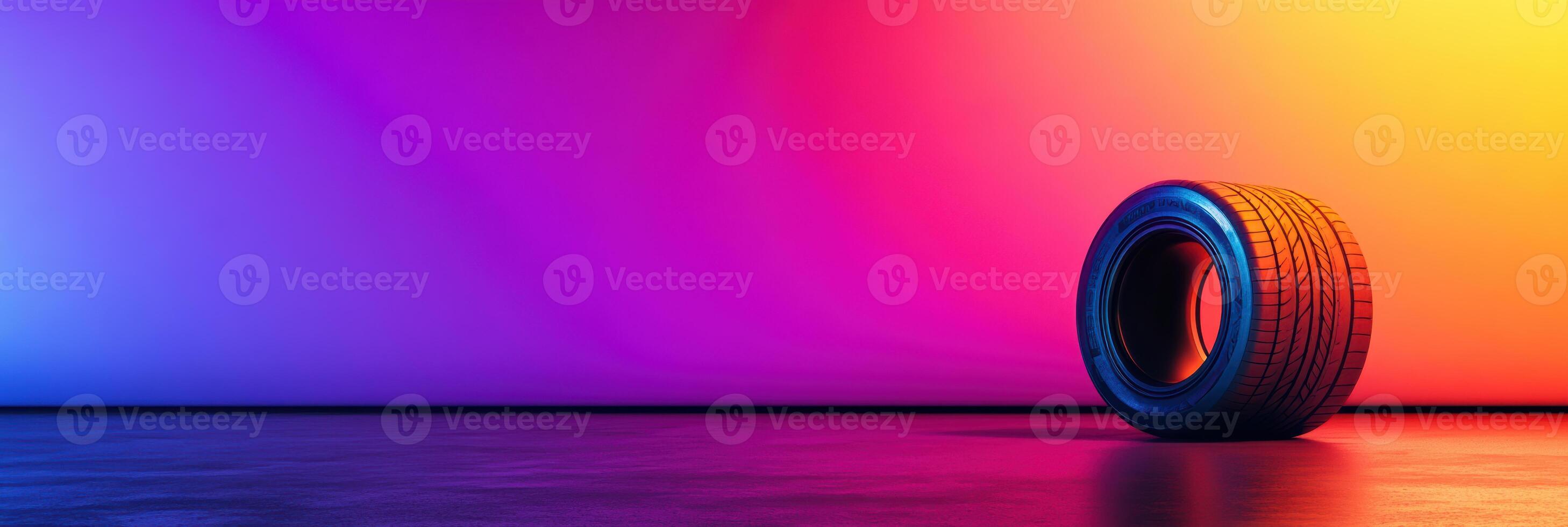 Vibrant automotive elegance, a solo tire in a dramatic color gradient environment with gradient orange and purple background reflection. Tires with rubber tread on alloy wheels photo