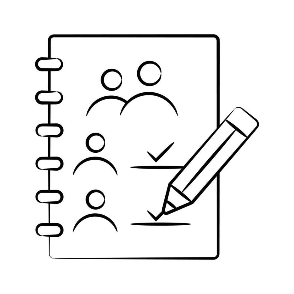 Ready to use doodle style icon showing guestbook with pencil vector