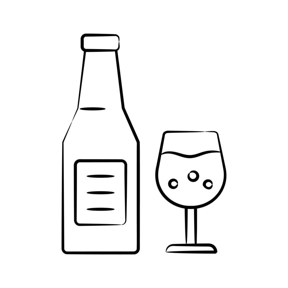 An editable doodle style icon of of wine bottle and glass vector