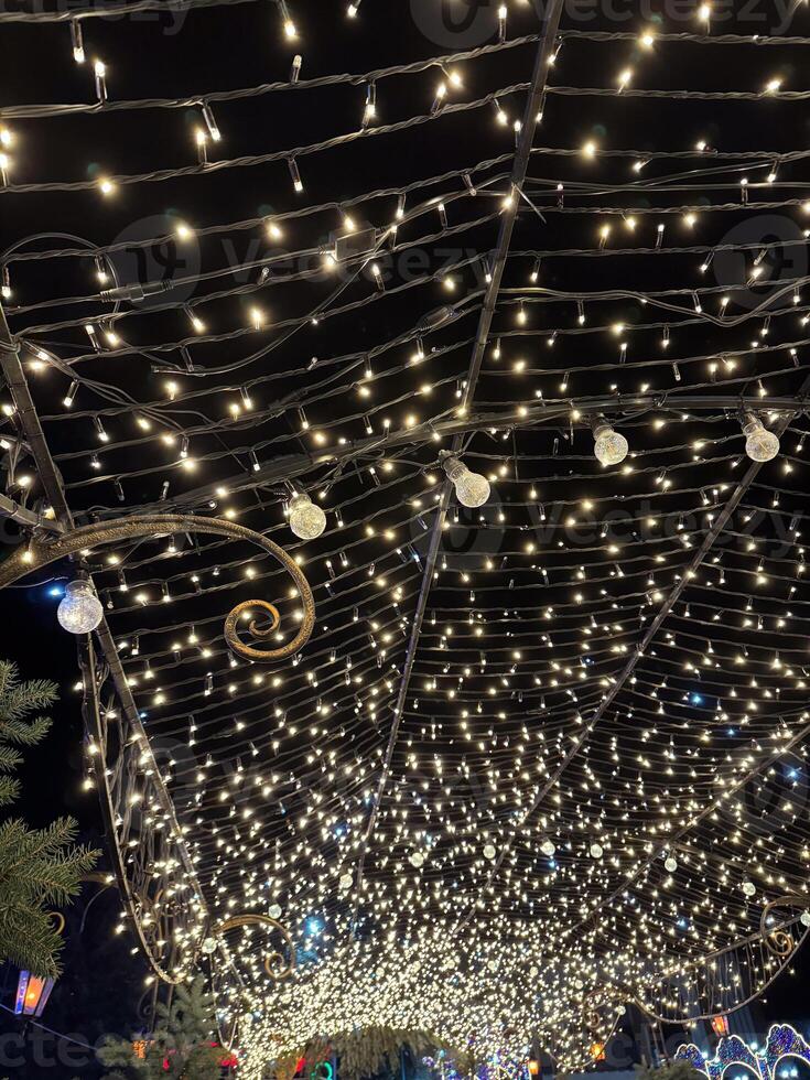 Enchanting night sky filled with glowing string lights creating a magical atmosphere in a festive outdoor setting under the stars photo