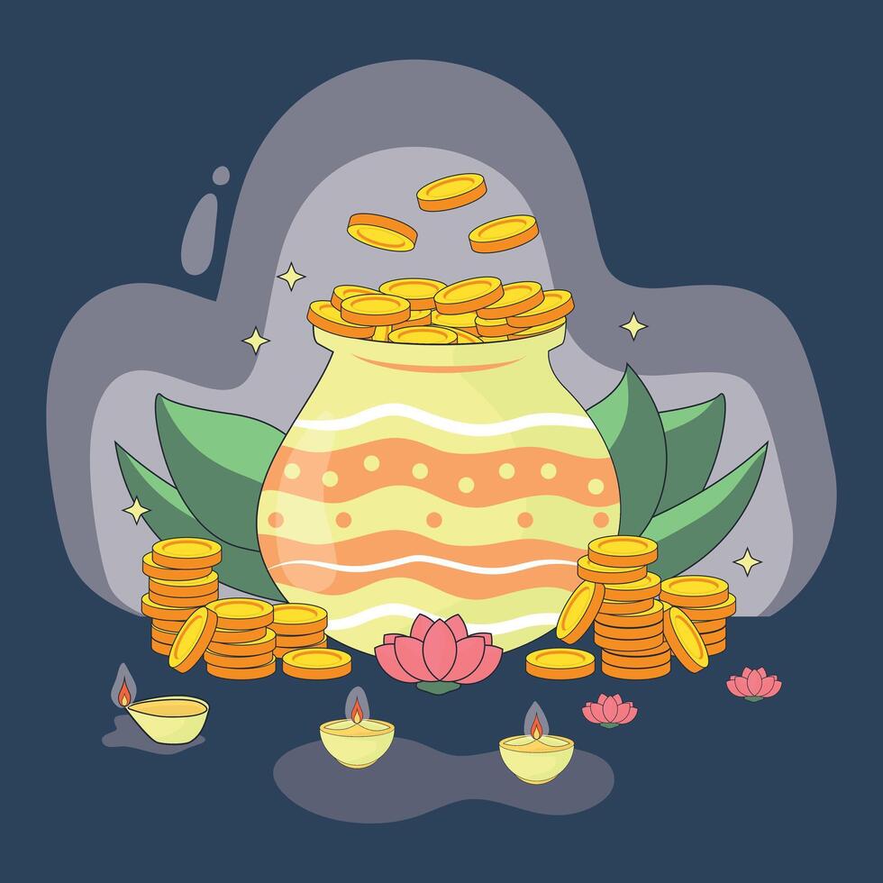 Akshaya Tritiya Prosperity Pot with Gold Coins and a lit oil lamp. A festive illustration celebrating Akshaya Tritiya vector