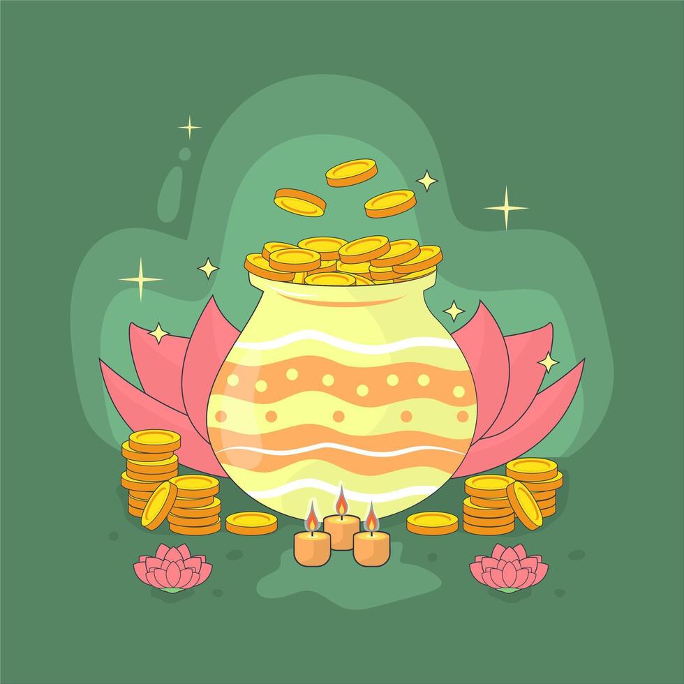 A festive illustration celebrating Akshaya Tritiya, featuring a decorative pot overflowing with shimmering gold coins, flanked by stacked coins, blooming lotus flowers, and glowing oil lamps vector