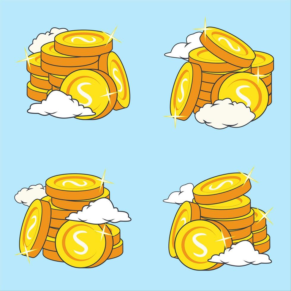 Cartoon Gold Coins with Clouds, Shiny Gold Coins with Clouds, icon Set, vector