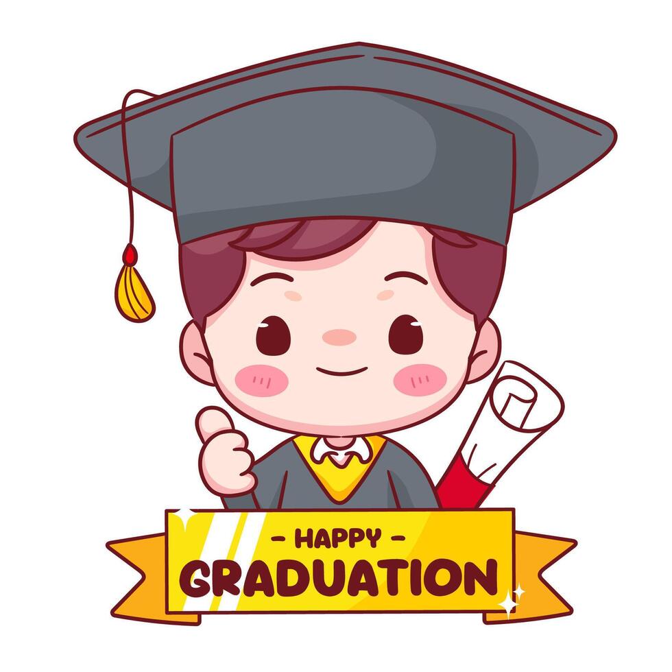 Happy Graduation Cute boy showing thumb up with cap and gown. Education concept design. Kawaii chibi cartoon character illustration vector