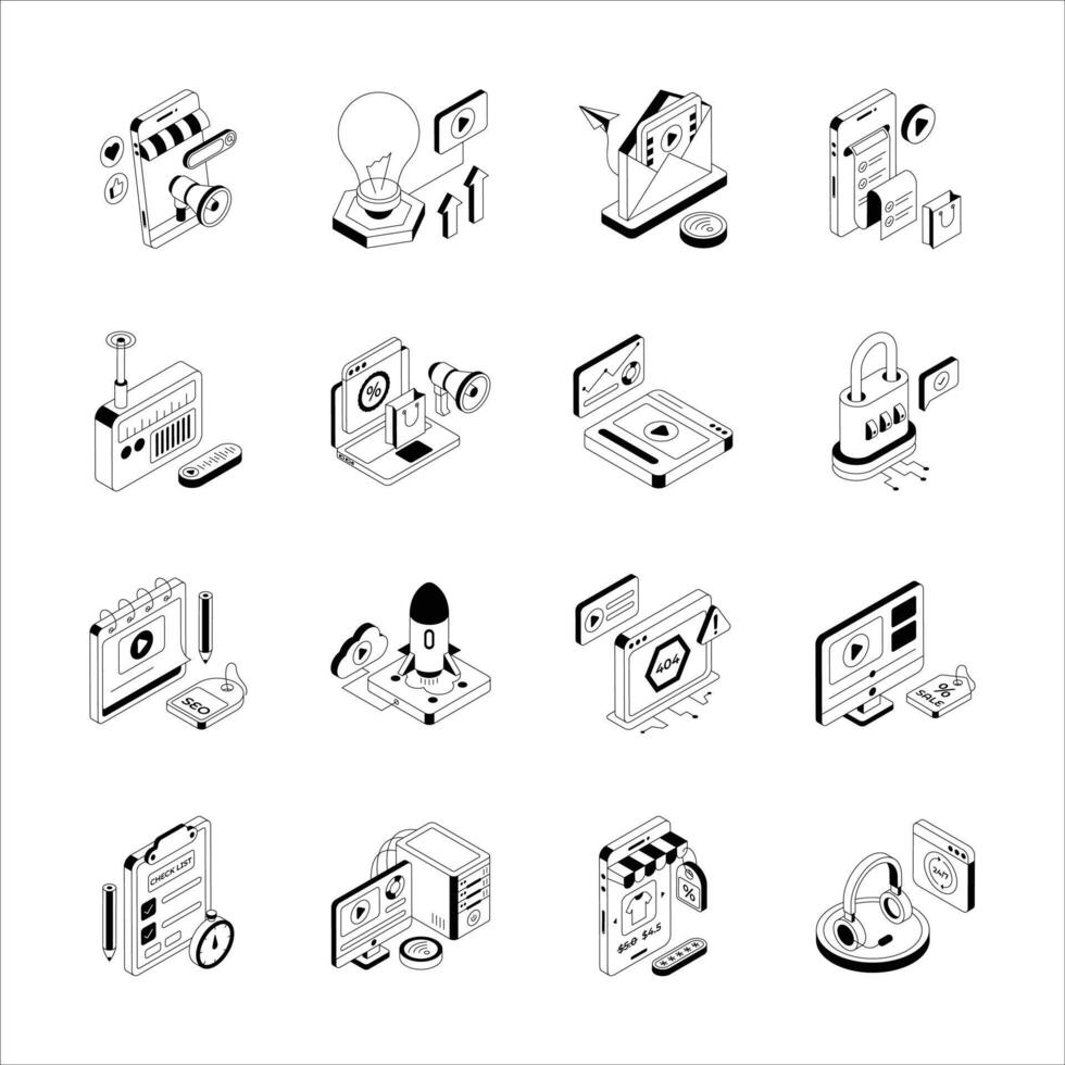 Handy bundle of isometric outline icons depicting digital advertising concepts vector