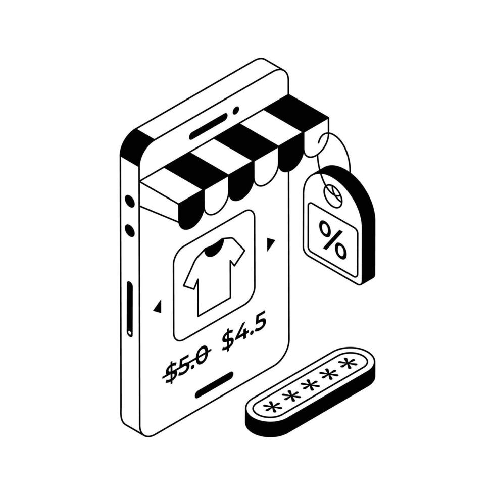 A captivating isometric outline icon of shopping app. vector
