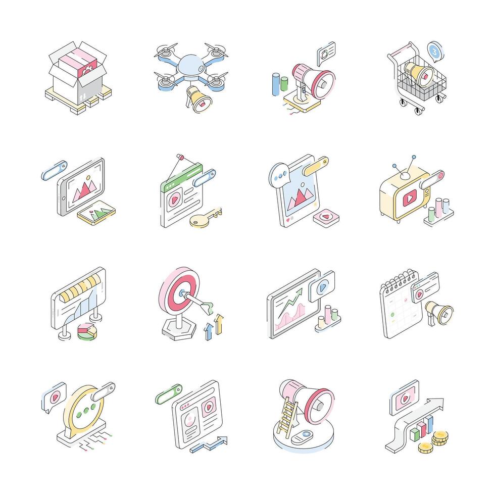 Handy Bundle of Online Marketing Isometric Icons vector
