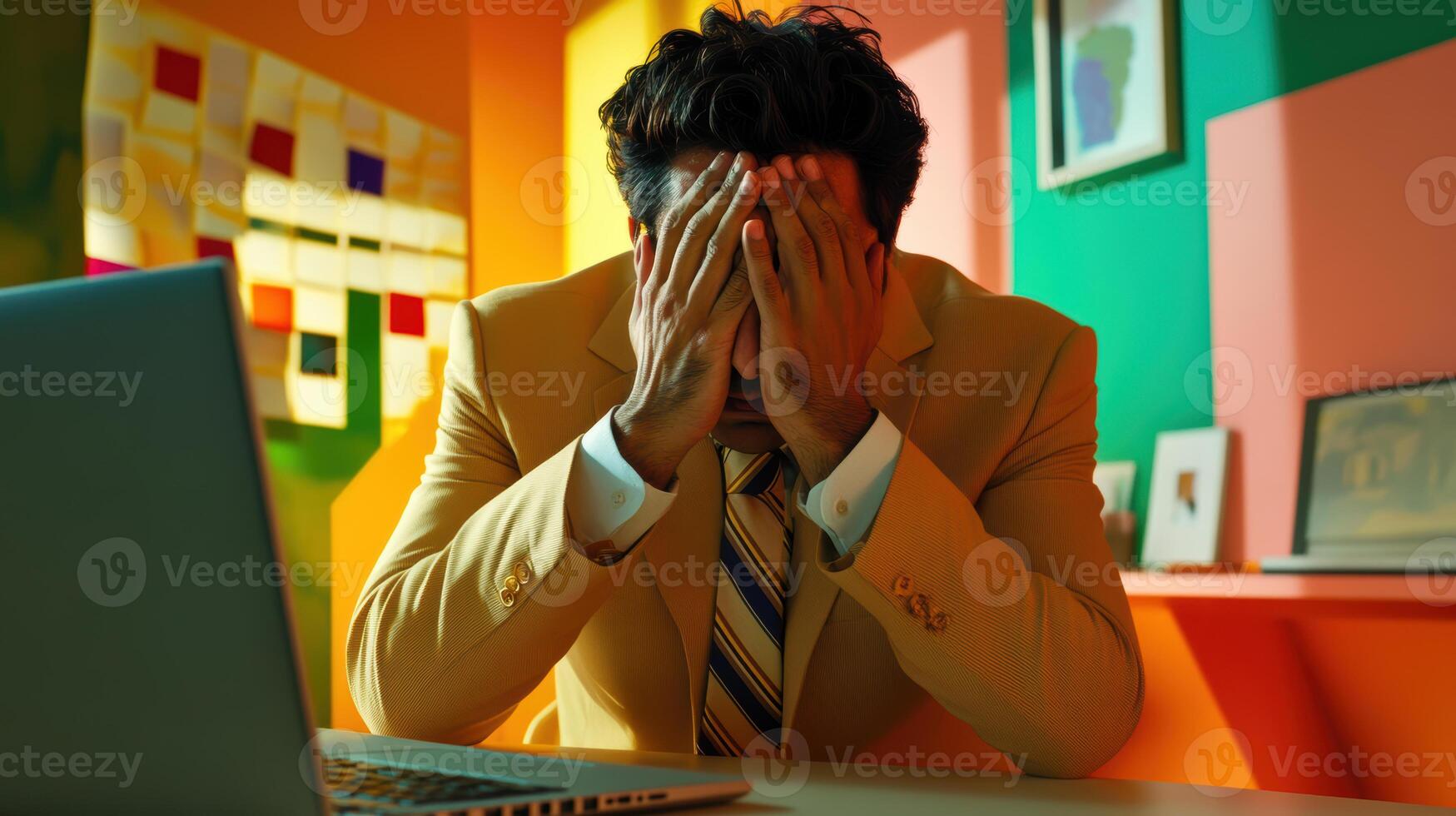 Young caucasian male adult in colorful office feeling stressed while sitting at desk with head in hands surrounded by vivid colorful walls. Work environment stressful photo
