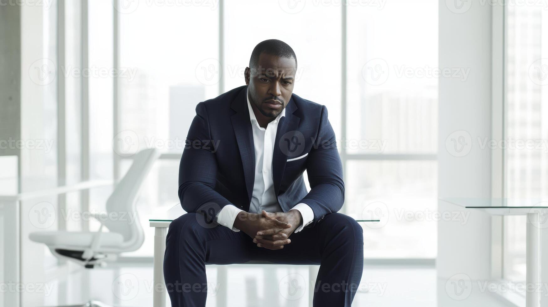 Businessman in a modern office, pensive african male in suit contemplates decisions, urban skyline view through windows in background. Work environment stressful photo