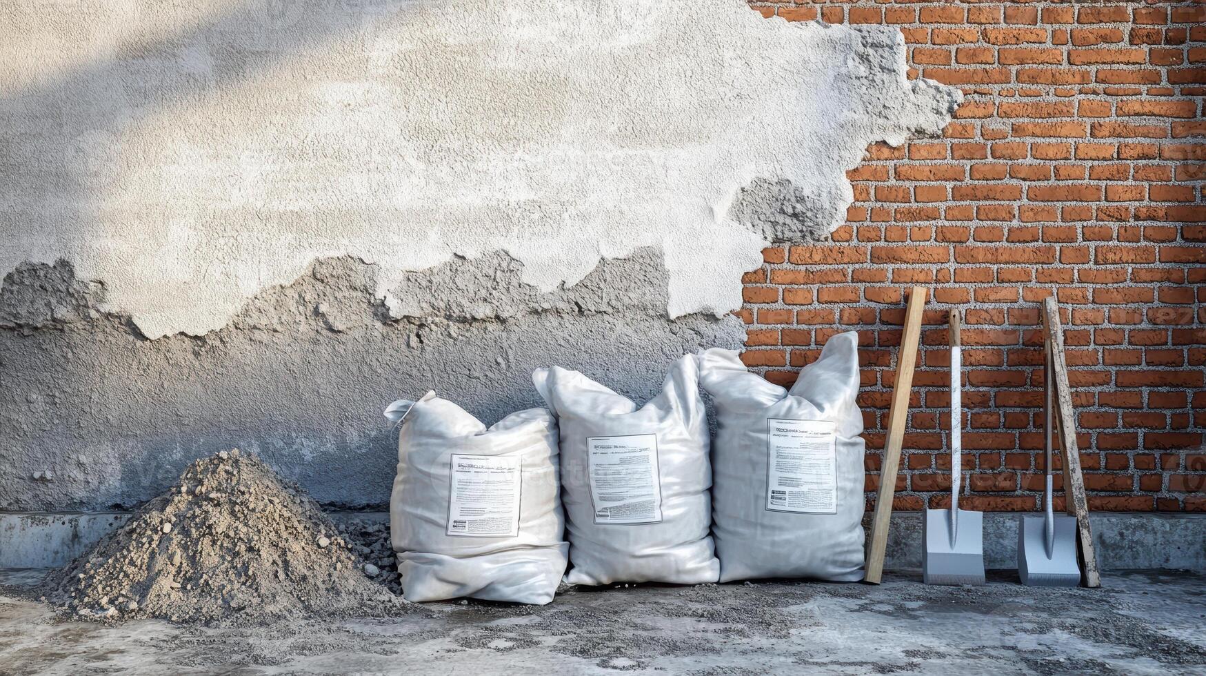 Industrial construction scene with red brick wall, plaster, and cement bags featuring tools for renovation and building projects photo