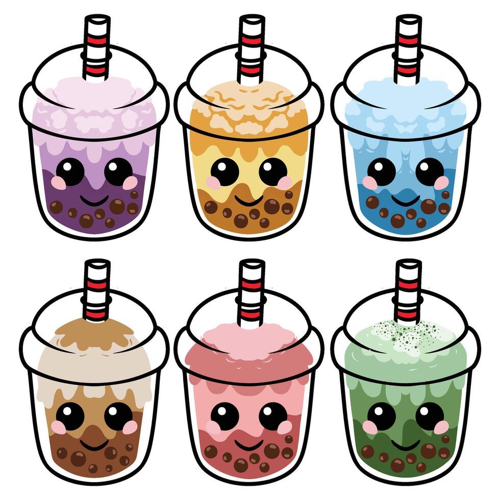 cute colorful boba drink characters vector