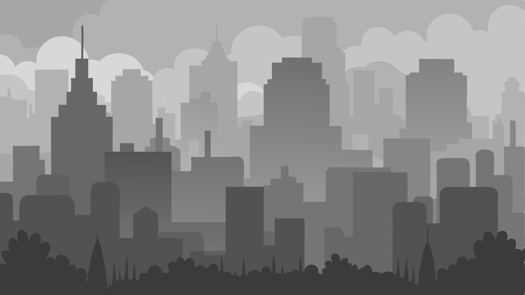 Smoggy City Skyline A simple of a city skyline obscured by thick gray smog. Dark silhouettes of buildings rise against a hazy sky with faint outlines of trees ly. vector