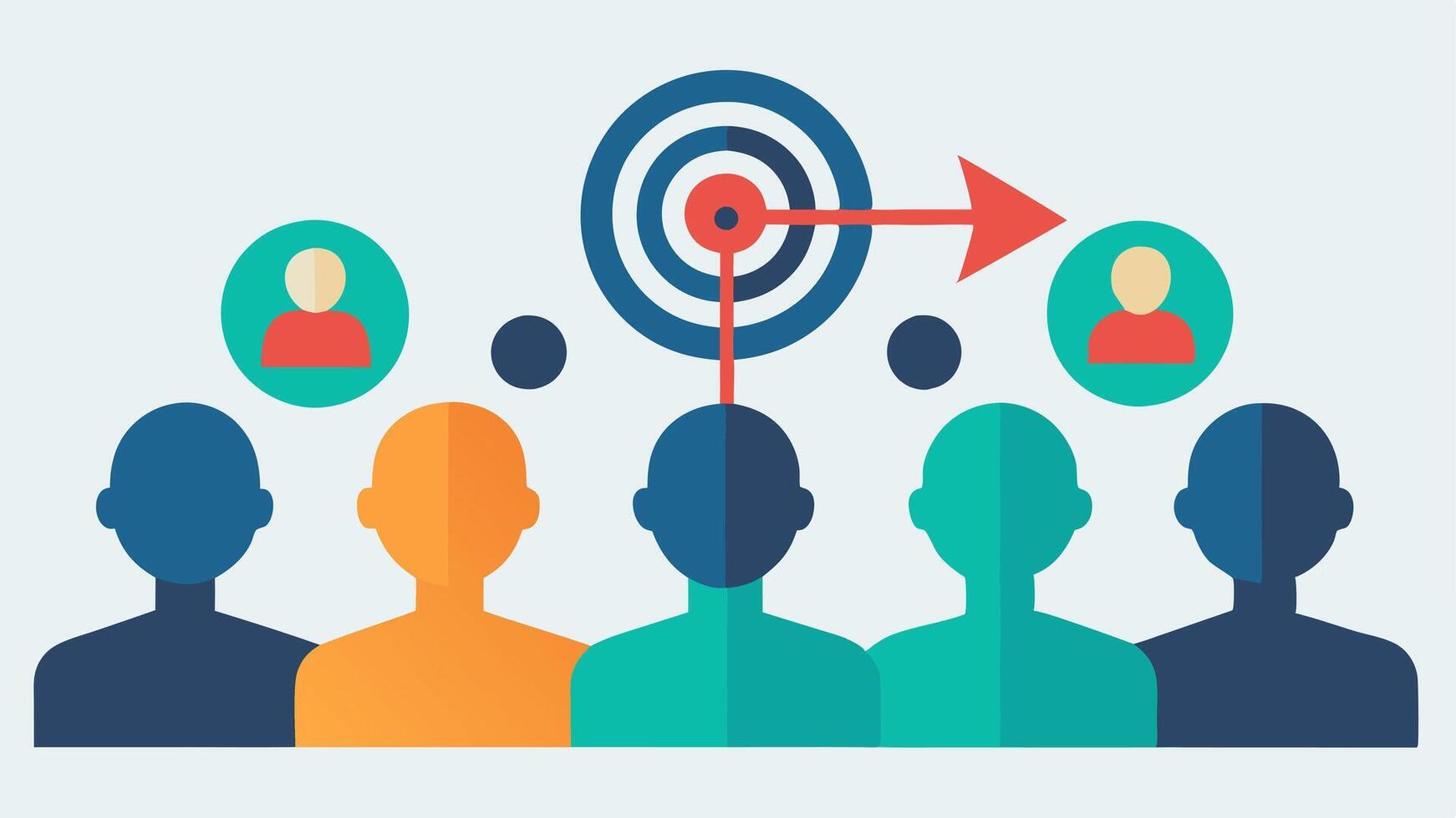 Target Audience A group of diverse silhouettes representing different demographics with arrows pointing towards them from a central AI hub illustrating targeted marketing.. vector