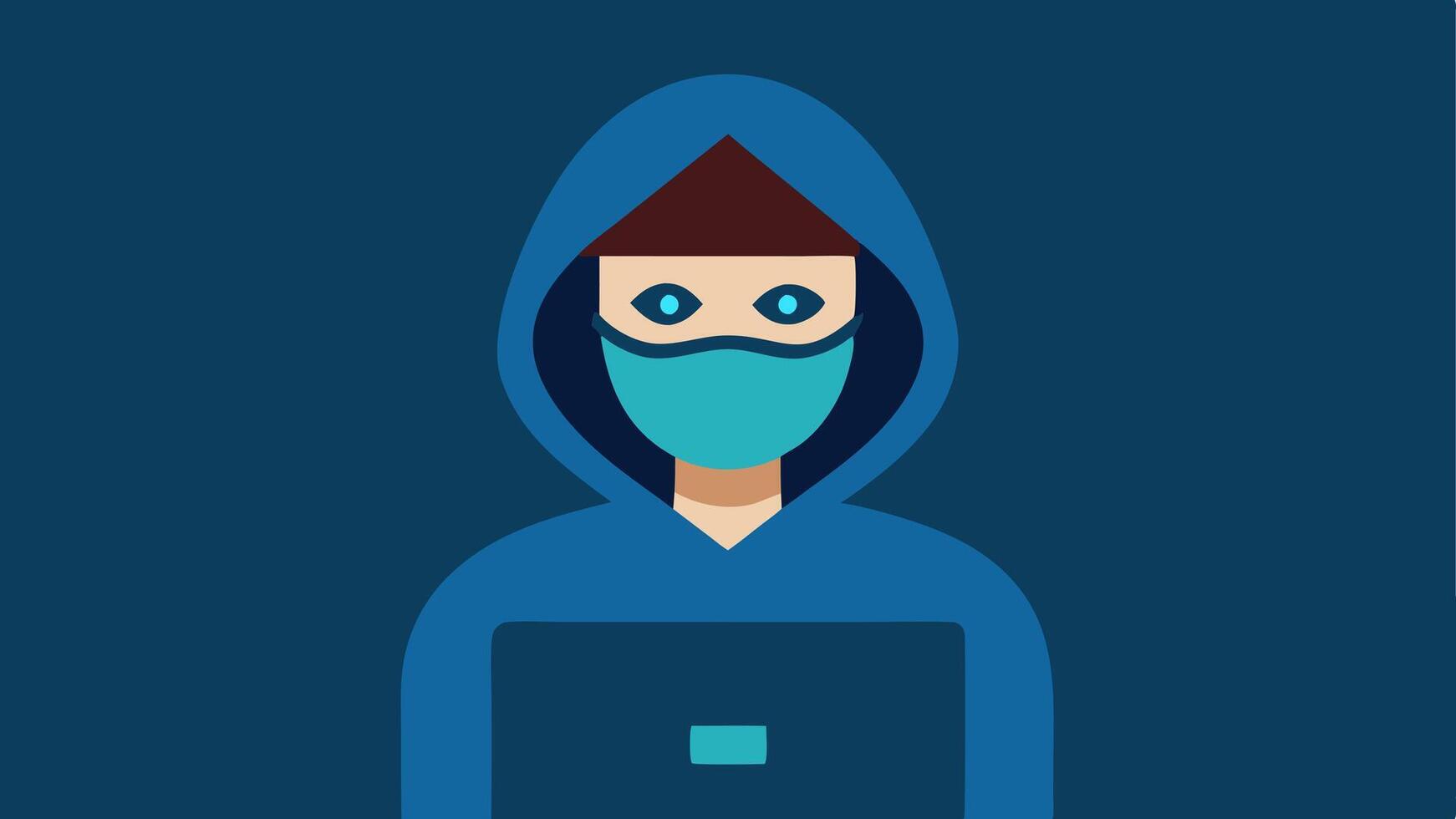 Privacy Mask A person wearing a privacy mask while accessing a device symbolizing the need for anonymity and protection of personal data in a digital world.. vector