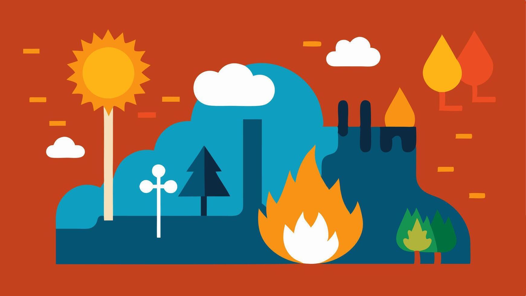 These descriptions aim to visually encapsulate the complex relationships between climate change rising temperatures droughts and wildfires.. vector