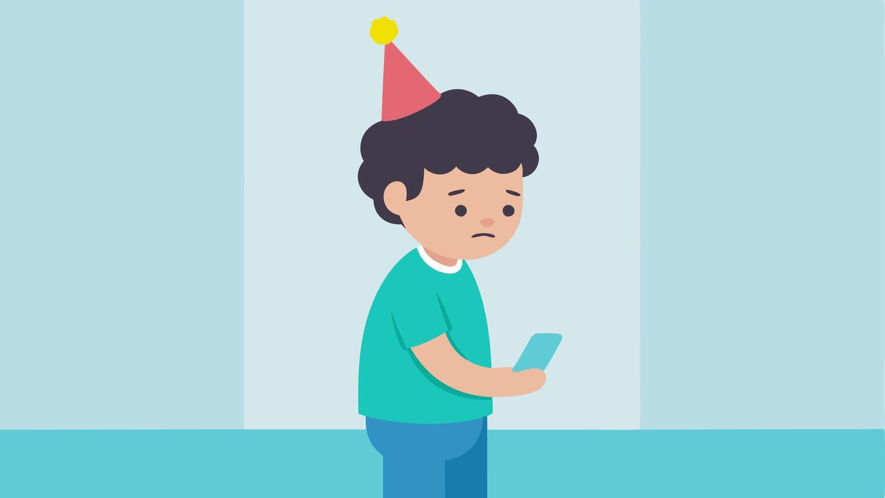 Social Interaction Skills An of a child at a birthday party standing awkwardly in the corner with their head down looking at their phone instead of joining in the fun.. vector