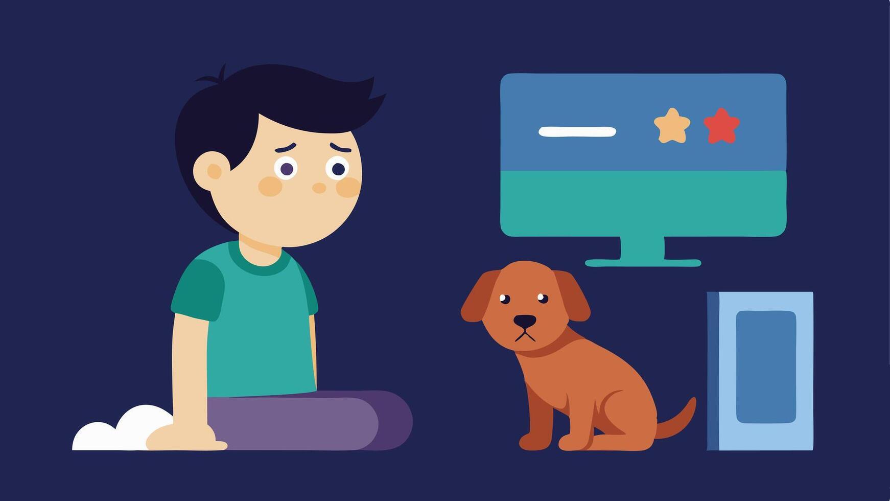 Stress and Frustration An of a child at a screen displaying a high score looking stressed and tired while a family dog looks at them longingly showcasing emotional. vector