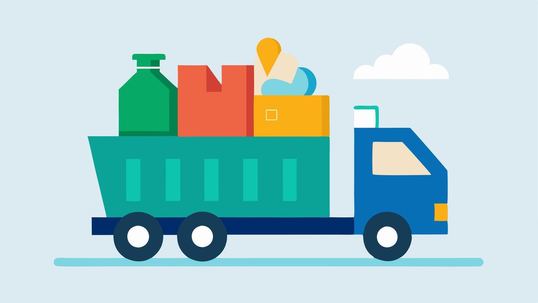 Shopping Cart of Waste A shopping cart filled with used plastic containers and bags being wheeled into a truck labeled Foreign Waste depicting the import of waste.. vector