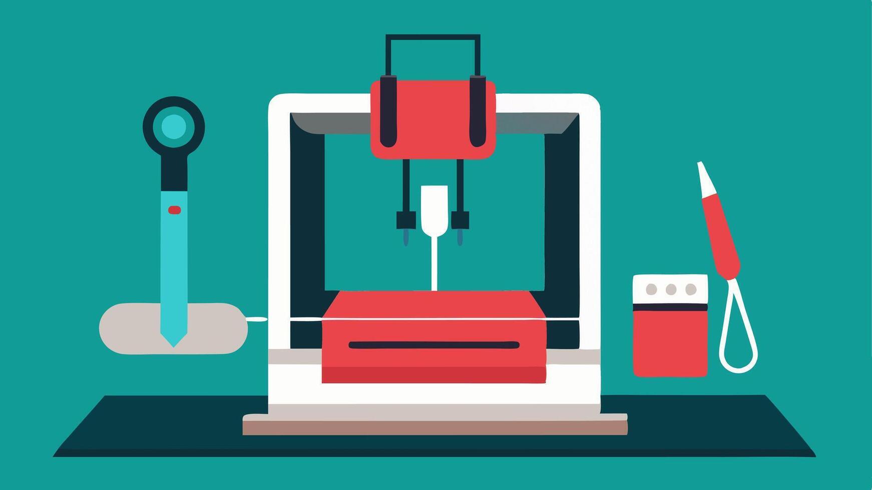 Surgical Tools on Printer Bed A 3D printer with various surgical tools like forceps and scalpels lying on the print bed showcasing the process of tool creation.. vector