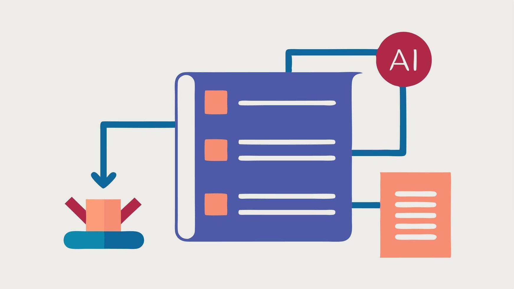 Summary Extraction An AI system summarizing long legal documents into concise bullet points represented by arrows pointing to a clean organized summary sheet.. vector