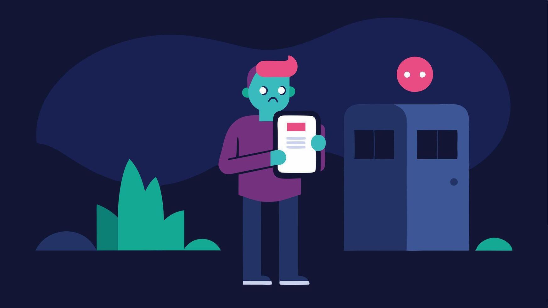 Social Life Sacrificed A character standing in front of a darkened social venue while holding a phone with a scheduled work meeting notification looking longingly at the fun. vector