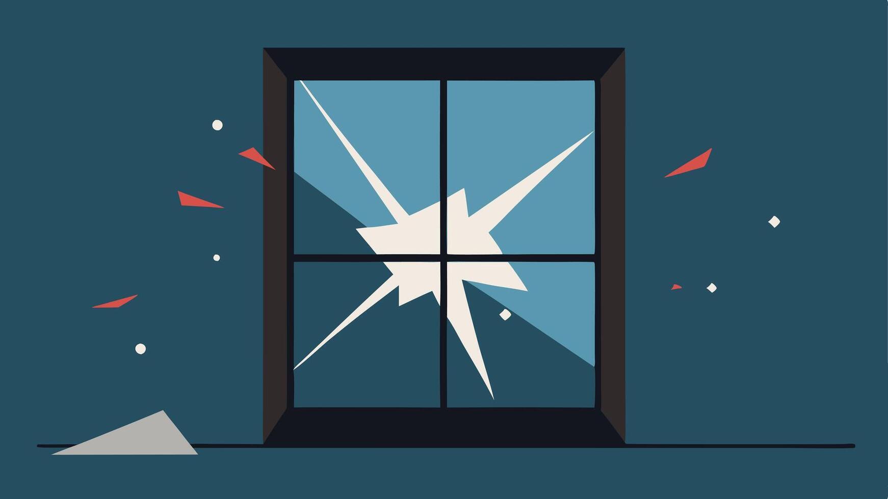 Shattered Glass An of a broken window with shards of glass tered on the ground depicting the aftermath of a shooting incident in a residential area.. vector