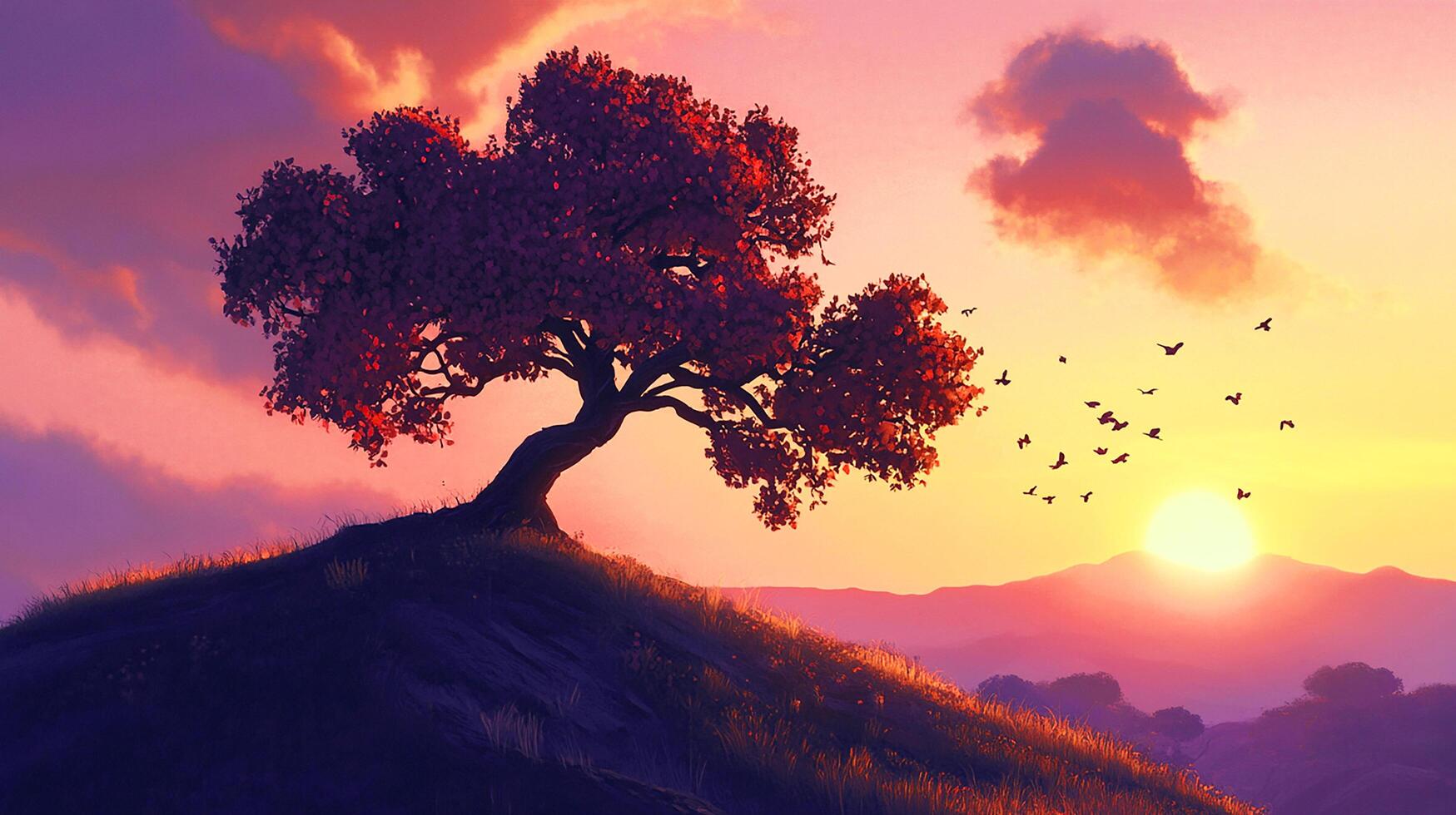 A beautiful mountain landscape at dusk, where the orange sunset sky meets the silhouette of the mountains under the soft evening light and the promise of a red-tinged sunrise photo
