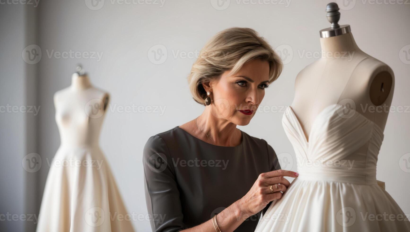 Middle-aged woman dressmaker inspecting wedding gown - a professional assessing intricate details on a mannequin. Ideal for bridal shops and tailoring services. photo