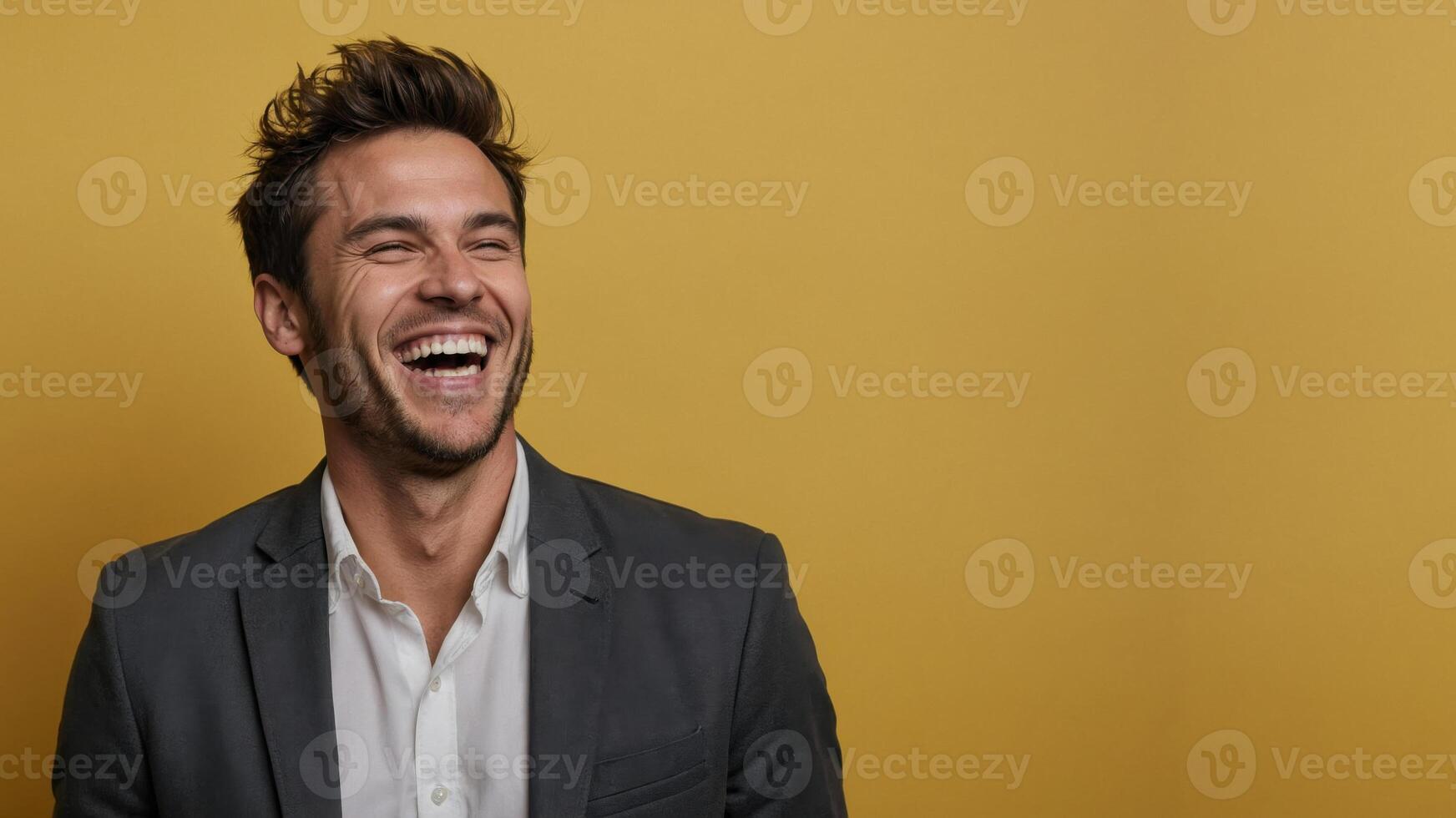 A young man with tousled hair, wearing a charcoal gray blazer, laughing warmly against a vibrant yellow background photo