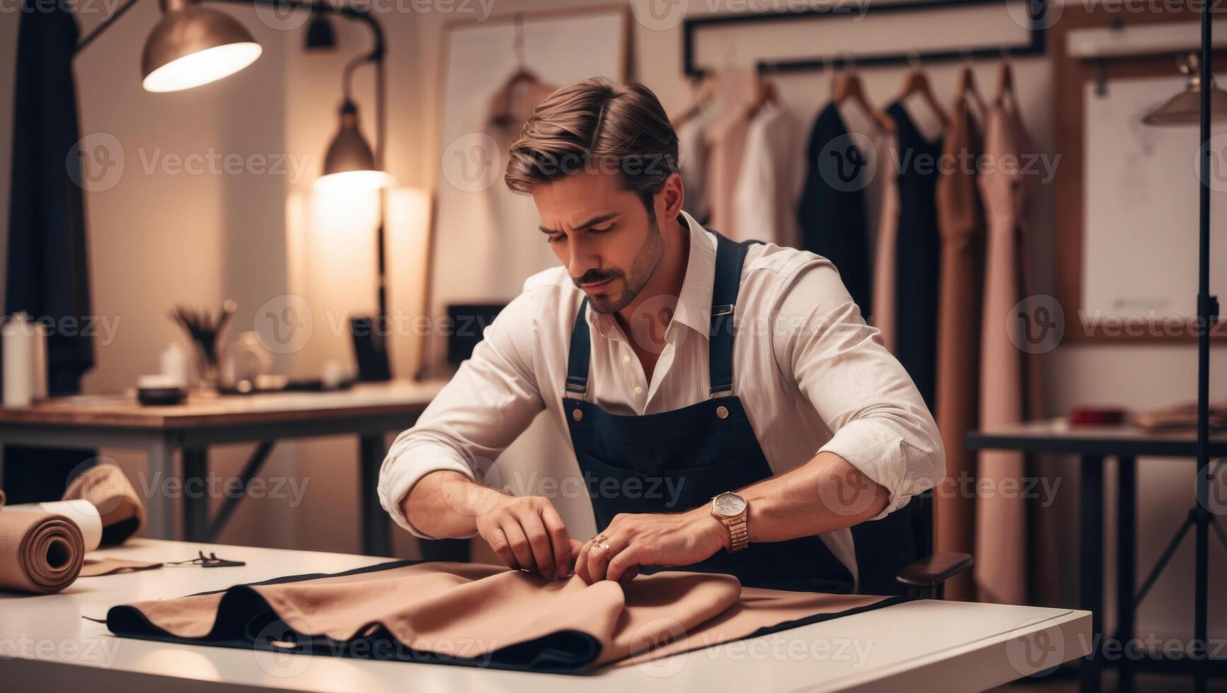 Male fashion designer at work, capturing craftsmanship and creativity in a clean, professional setting. Great for tailoring, sewing workshops, and branding. photo