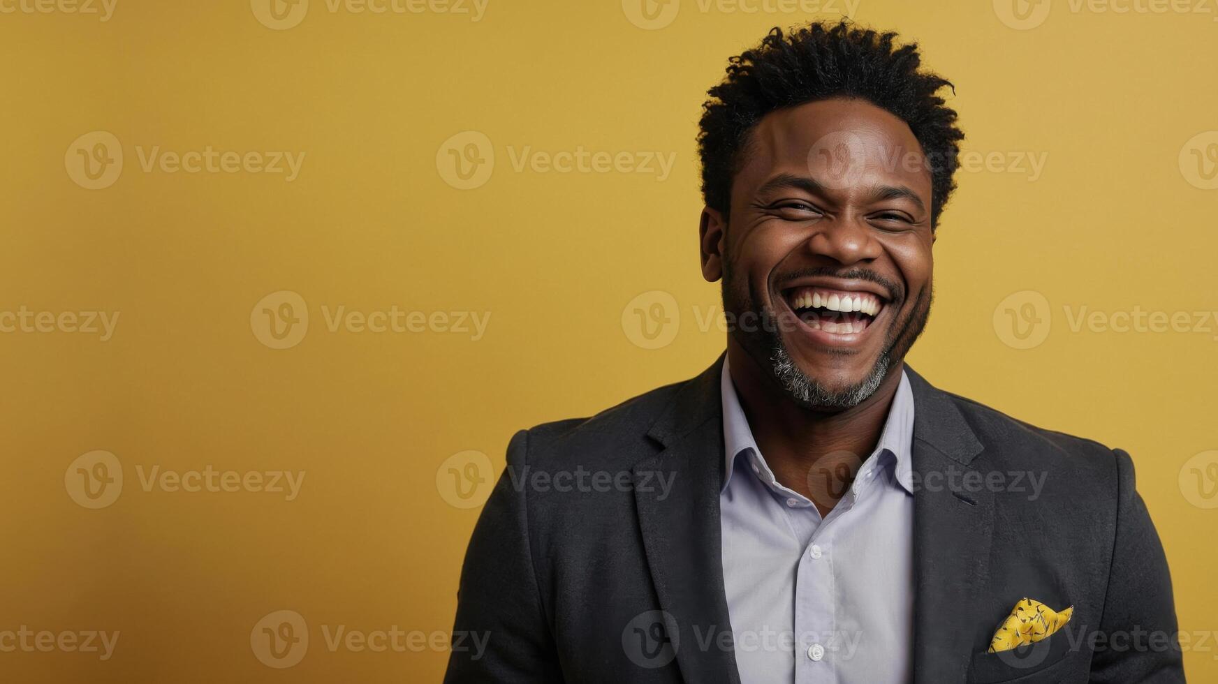 A portrait of a black american man with tousled hair, wearing a charcoal gray blazer, laughing warmly against a vibrant yellow background photo