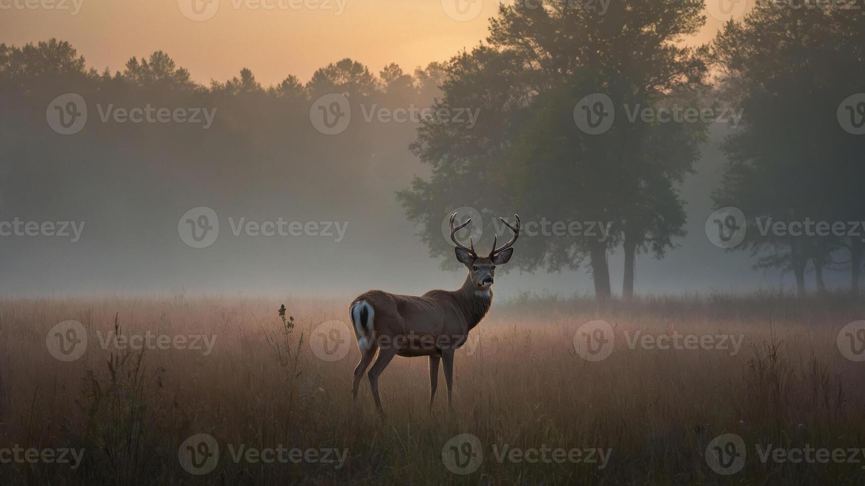 Graceful deer standing in misty dawn meadow. Soft light and ethereal atmosphere. Perfect for nature and wildlife photography photo