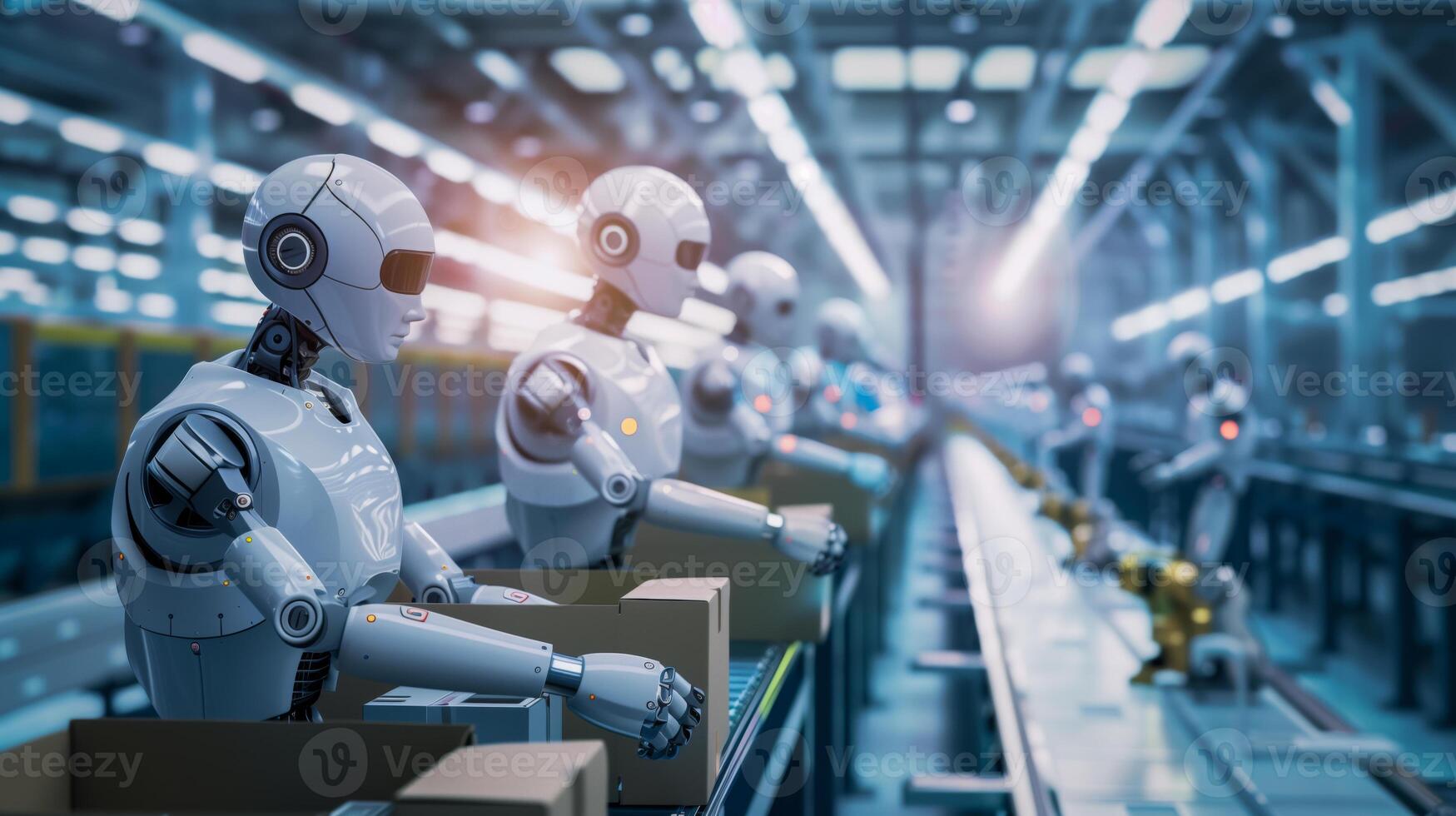 AI automation - Robots organizing boxes on an assembly line in a modern factory. Ideal for logistics, tech innovation, and industrial process visuals. photo