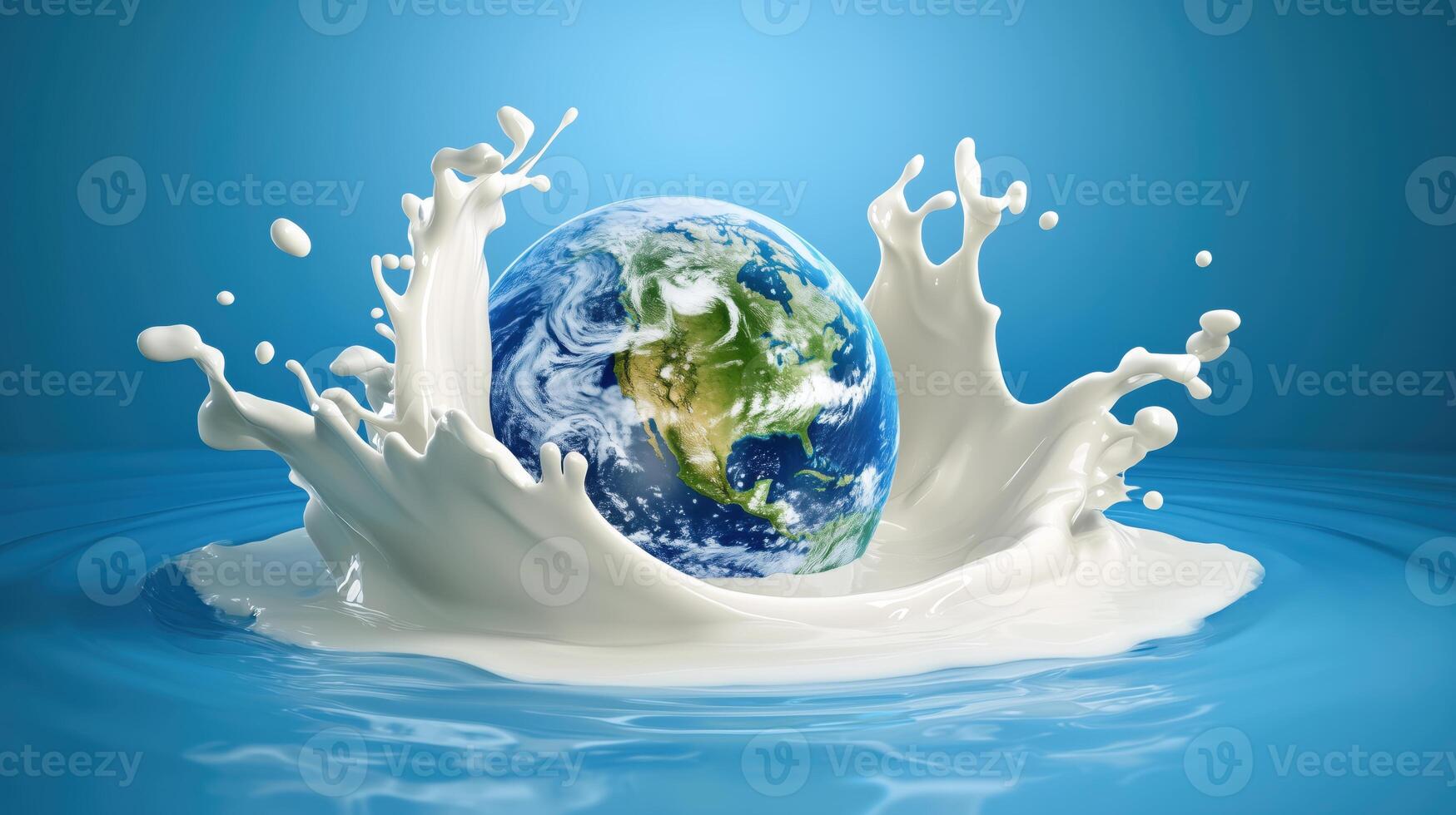 3D Earth falling into milk splash against blue background. Surreal concept for World Milk Day or environmental themes photo