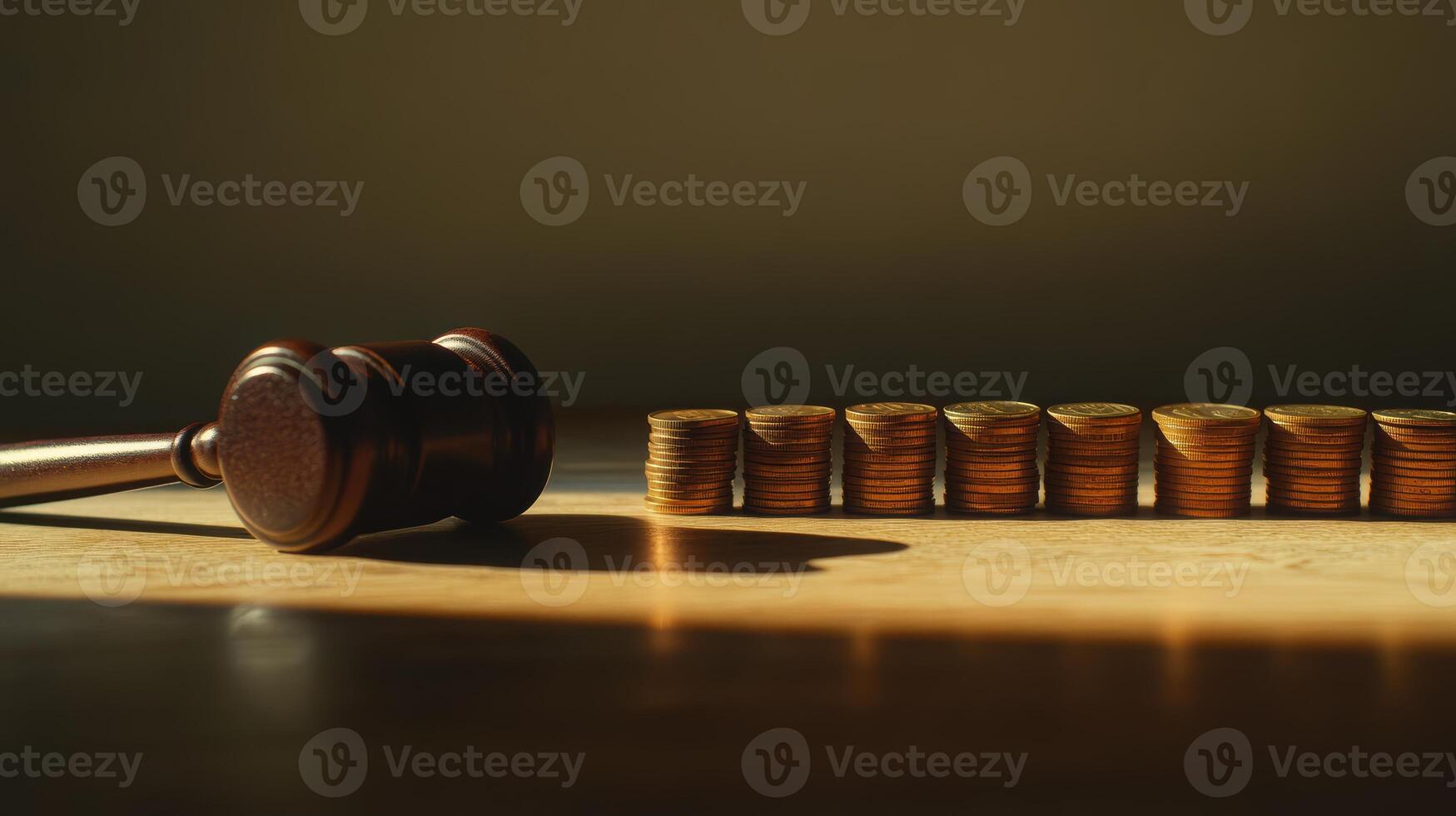 Gavel and stacks of coins on wooden surface in low light symbolizing justice and financial decision-making with shadows and warm tones. Justice and corruption photo