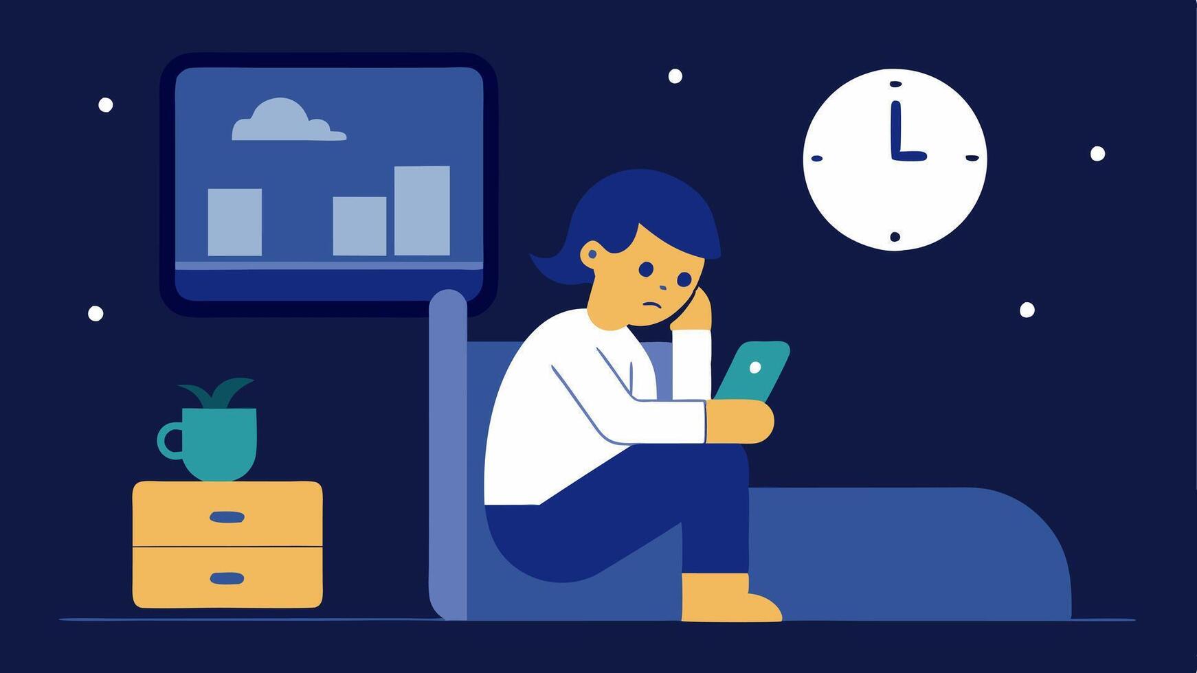 Sleep Deprivation Clock An of a clock showing latenight hours e.g. 2 AM with a person sitting up in bed looking tired and stressed while staring at their phone.. vector