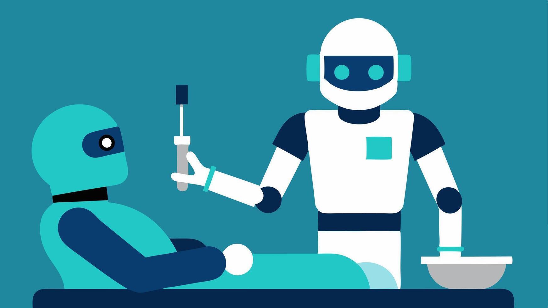 Surgical Assistant Robot A sleek humanoid robot with robotic arms assisting a surgeon by holding surgical instruments while the surgeon focuses on a patient on the operating table.. vector