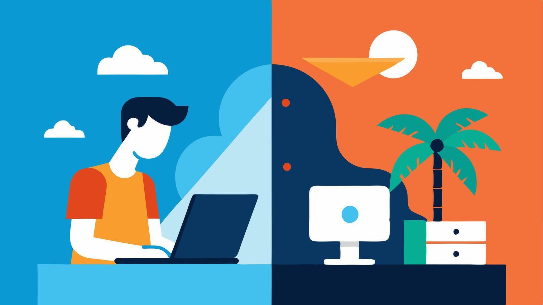 The Editable Life A splitscreen showing an influencers luxurious vacation edited on one side while on the other side they are sitting at their cluttered desk working on a laptop.. vector